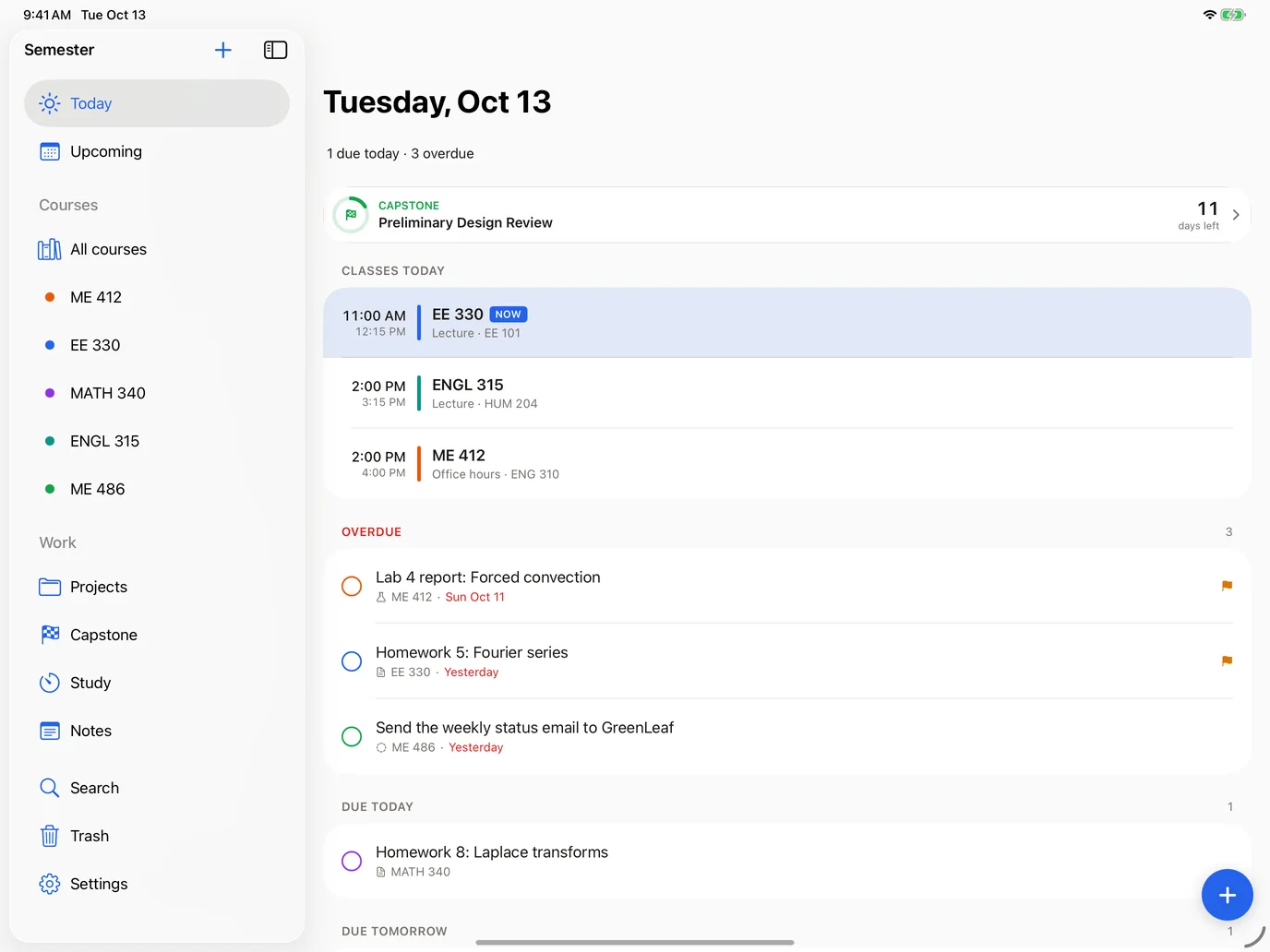 Seamless Semester on iPad with the sidebar of courses and the Today page