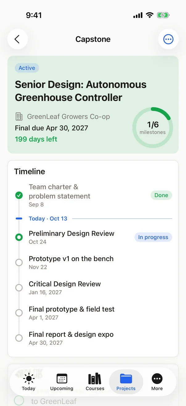 The capstone on iPhone: progress ring and a vertical milestone timeline