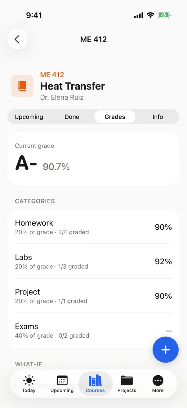 A course's Grades tab on iPhone: A- 90.7% and the grade categories