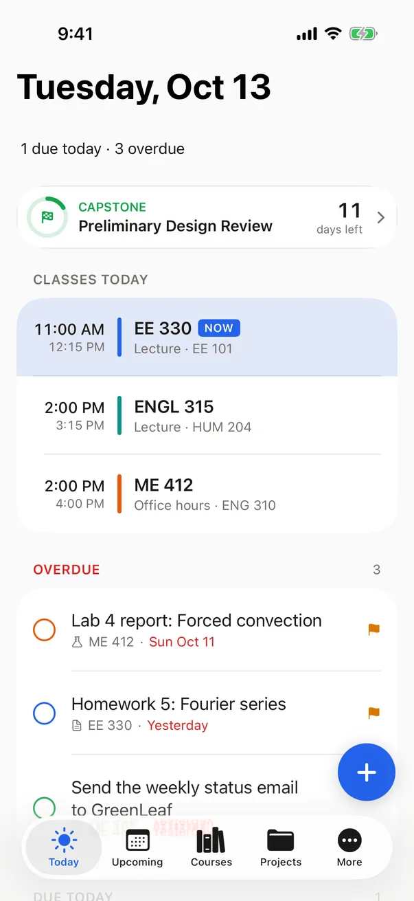 The Today screen on iPhone with the capstone strip and today's classes