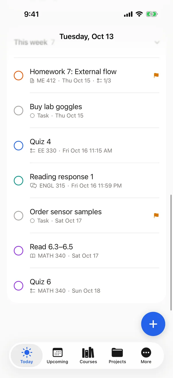 Today on iPhone with this week expanded: homework, quizzes and readings colored by course