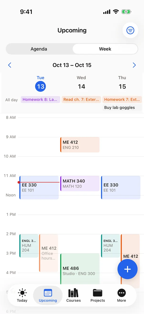 The week grid on iPhone, three days at a time