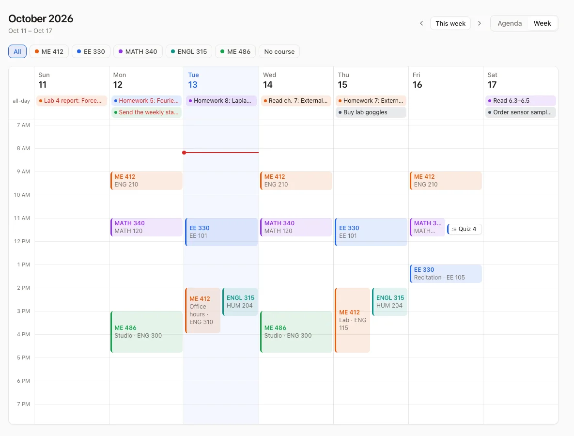 The week grid on the web: class meetings as colored blocks and due items in the all-day row