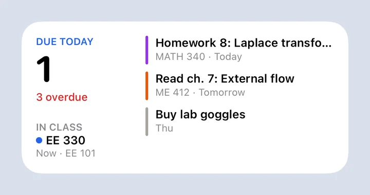The Home Screen widget: 1 due today, 3 overdue, the next three items and the class you're in